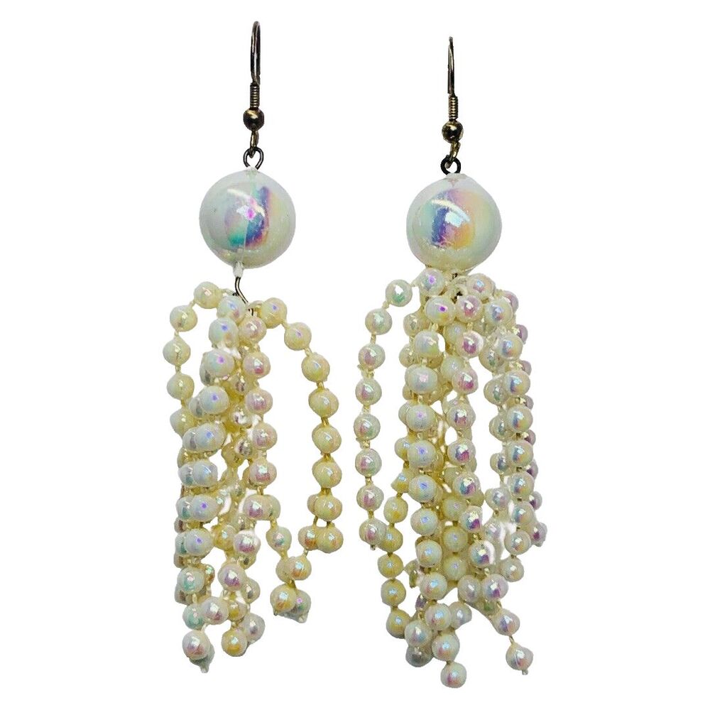 VTG Beaded Long Tassel Earrings 3" Iridescent Plastic Cluster Dangle